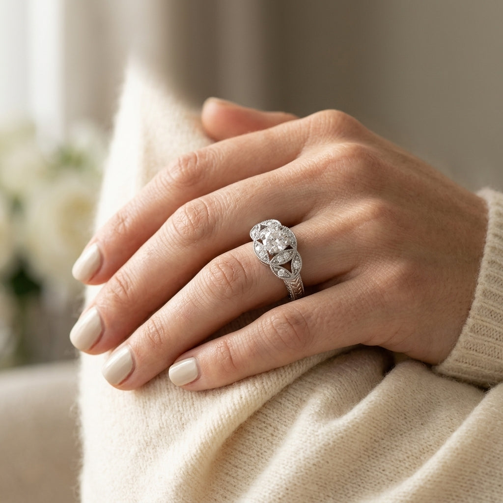 Vintage Bezel Set Milgrain Engagement Ring - worn lifestyle photo