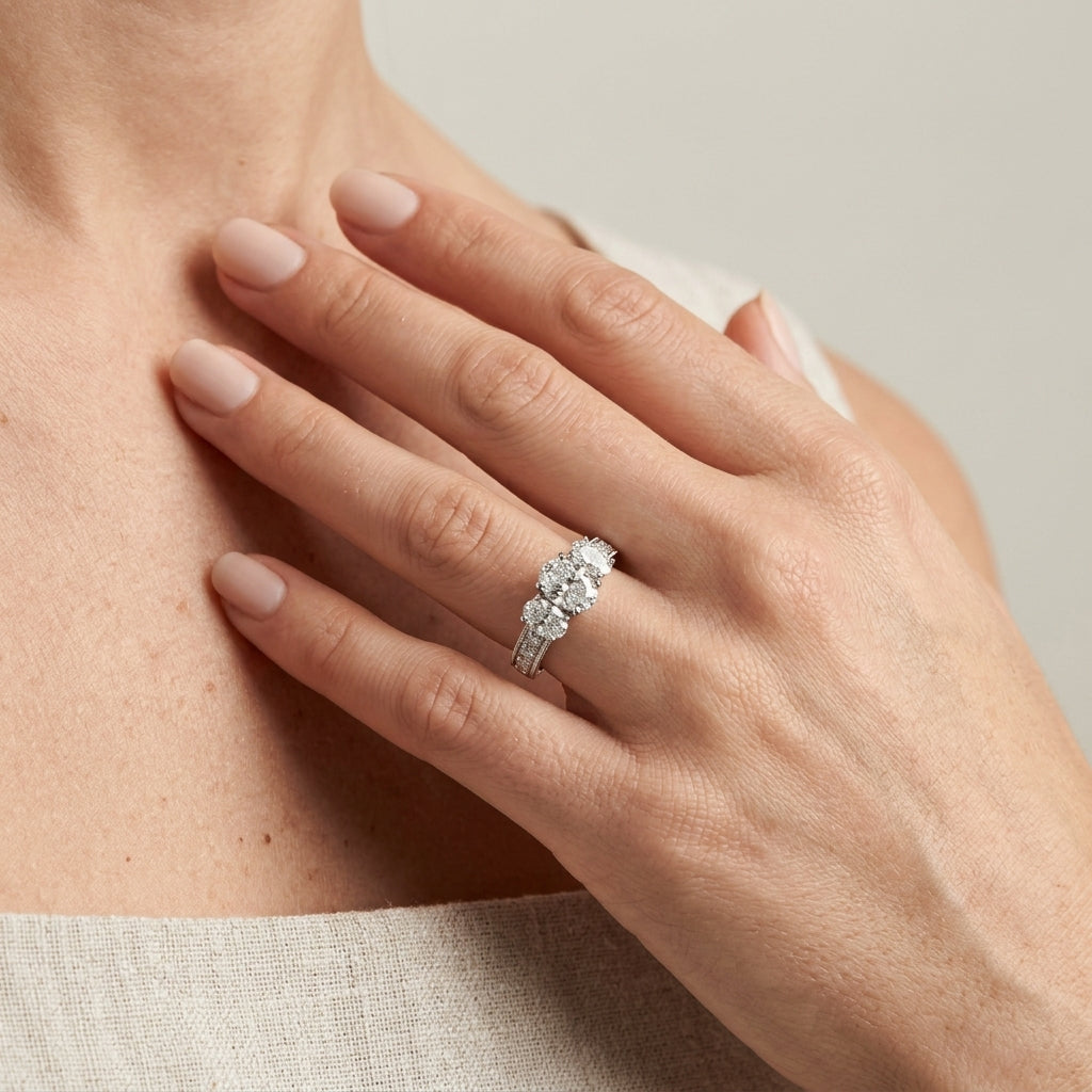Antique 3-Stone Trellis Oval Engagement Ring - worn lifestyle photo