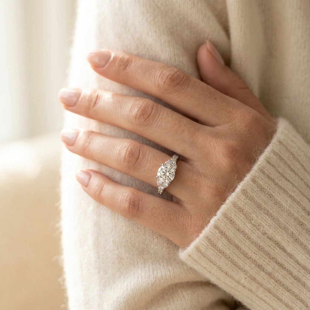 Single Row Cluster Sides Engagement Ring - worn lifestyle photo