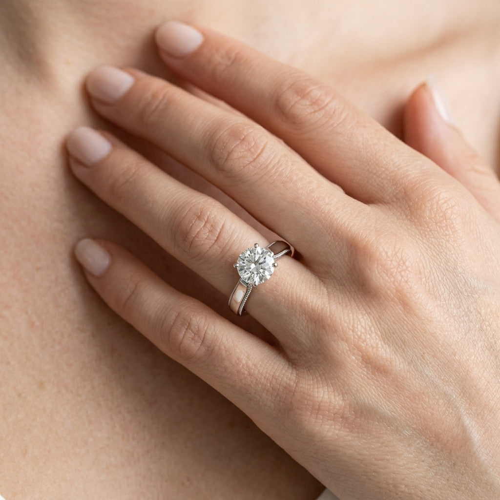 Solitaire Round Milgrain Cathedral Engagement Ring - worn lifestyle photo