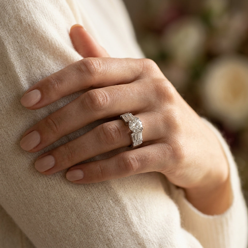 Fancy Shape Baguette & Round Engagement Ring - worn lifestyle photo