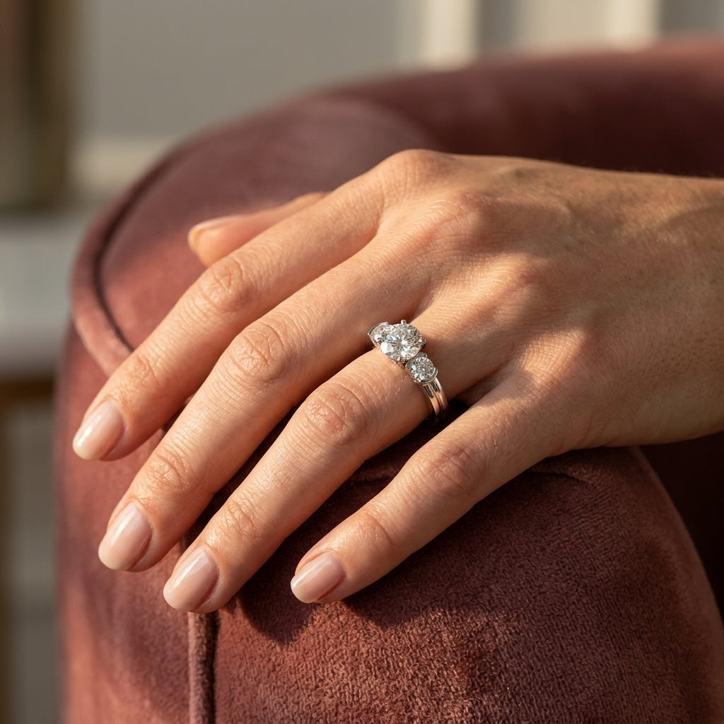 3-Stone Half Bezel Round Engagement Ring - worn lifestyle photo