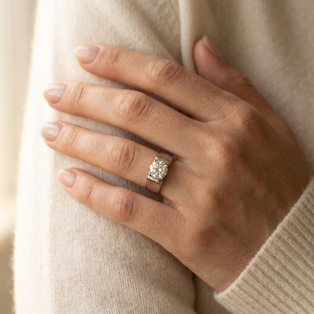 Solitaire Round Engagement Ring - worn lifestyle photo
