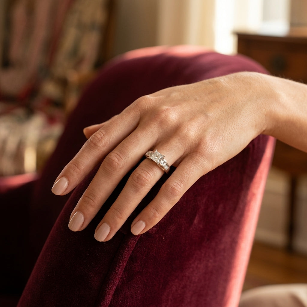 Single Row Channel Set Engagement Ring - worn lifestyle photo