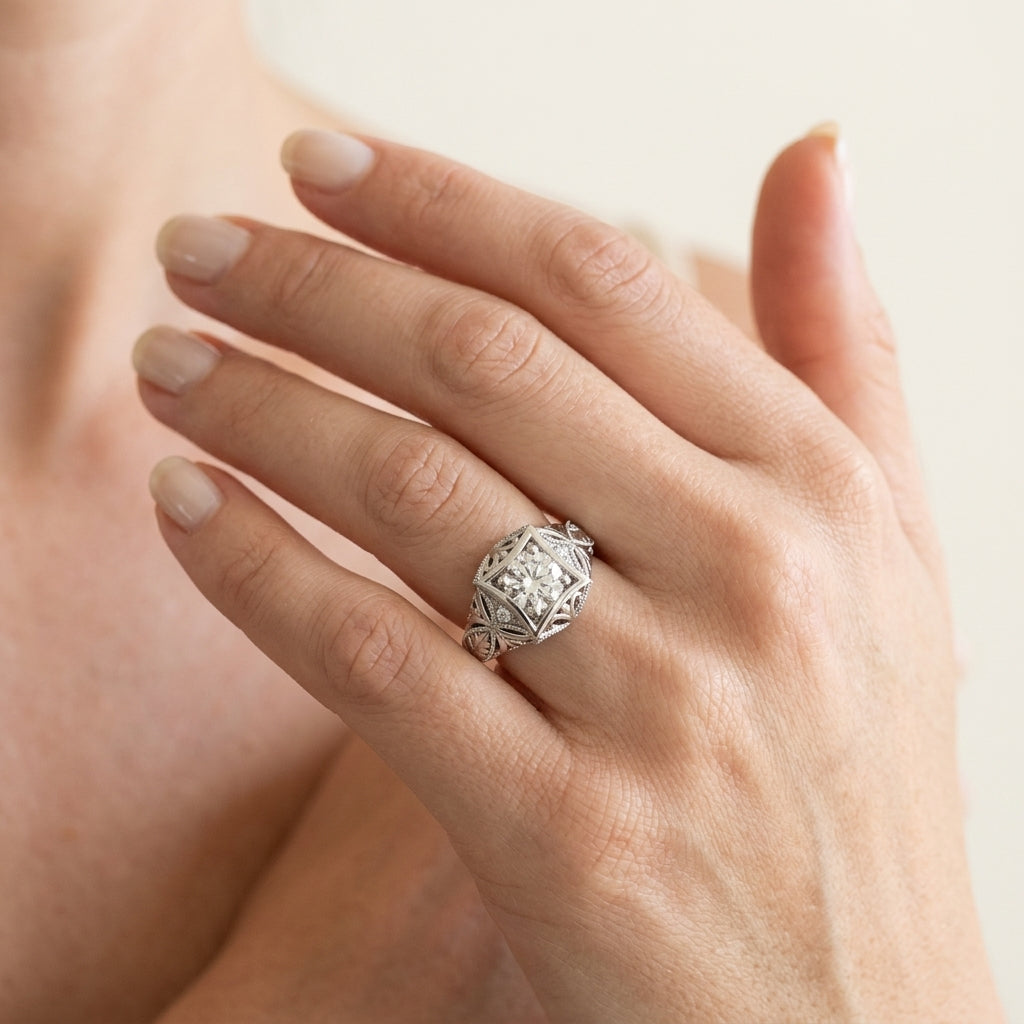 Vintage Inspired Engraved Milgrain Engagement Ring - worn lifestyle photo