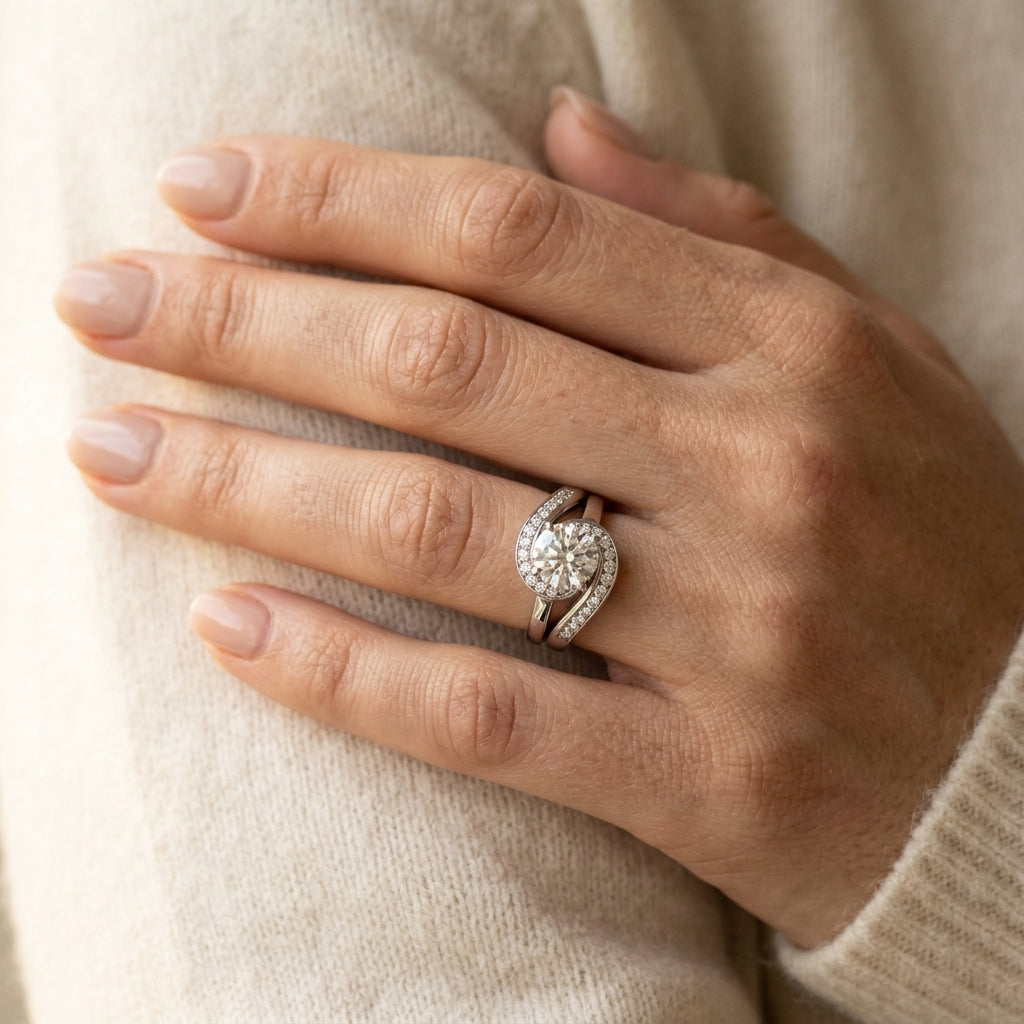 Bypass Swirl Prong In Channel Engagement Ring - worn lifestyle photo