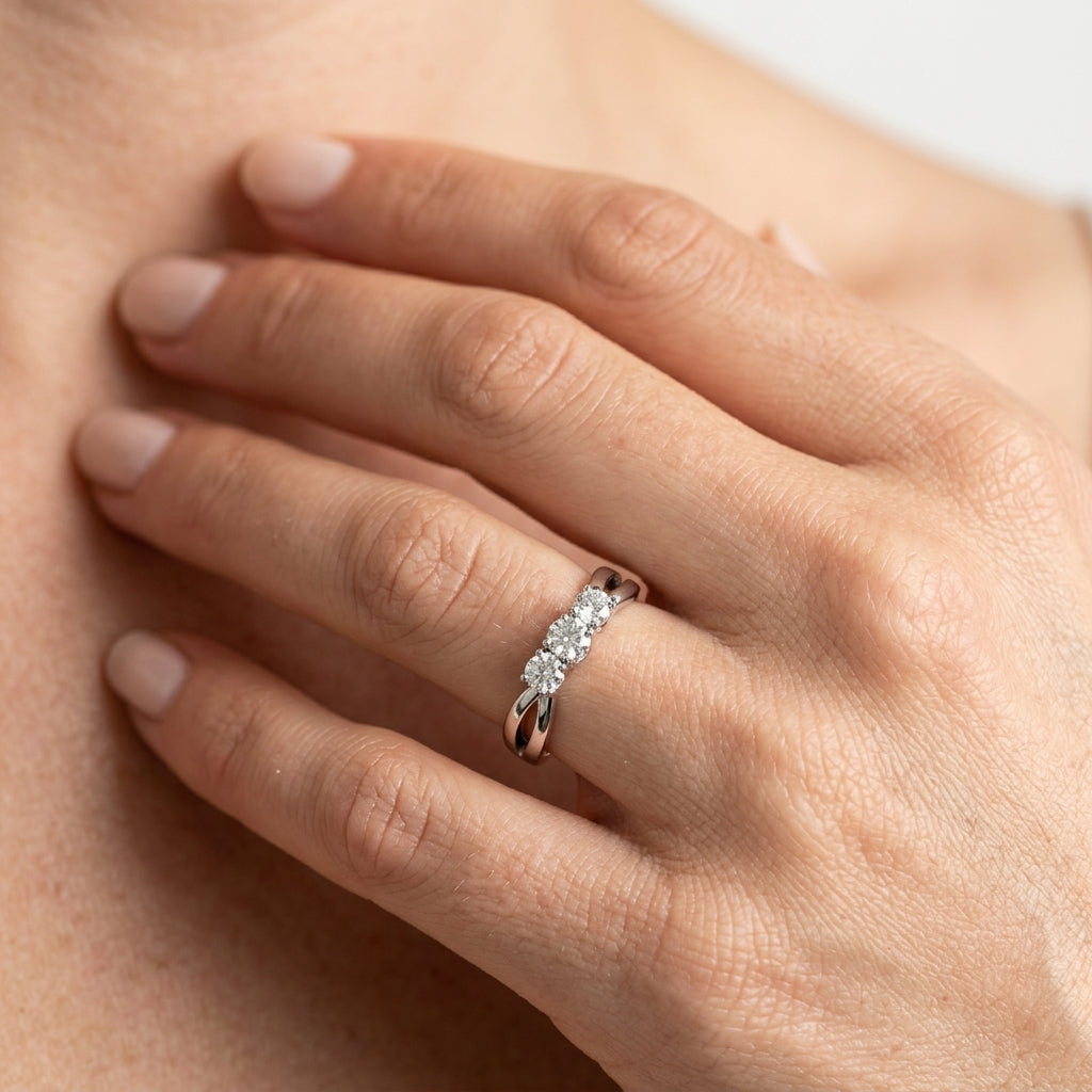 3-Stone Bypass Twisted Shank Engagement Ring - worn lifestyle photo