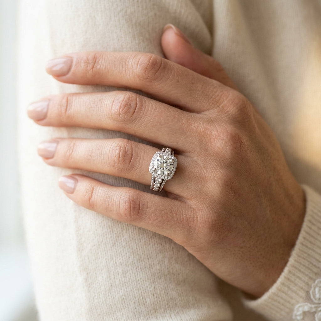 Multirow Bezel Set Round Halo Engagement Ring - worn lifestyle photo