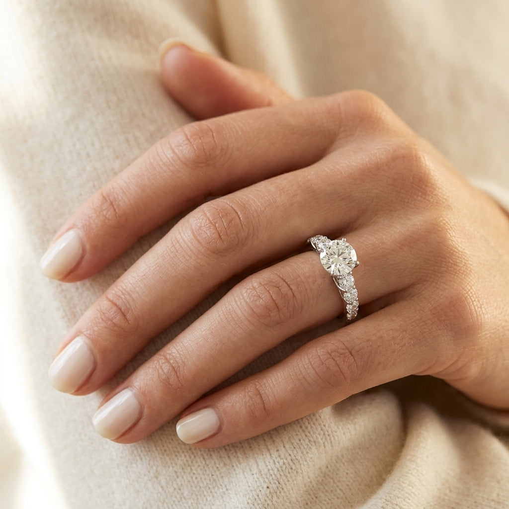 Single Row Prong Engagement Ring - worn lifestyle photo