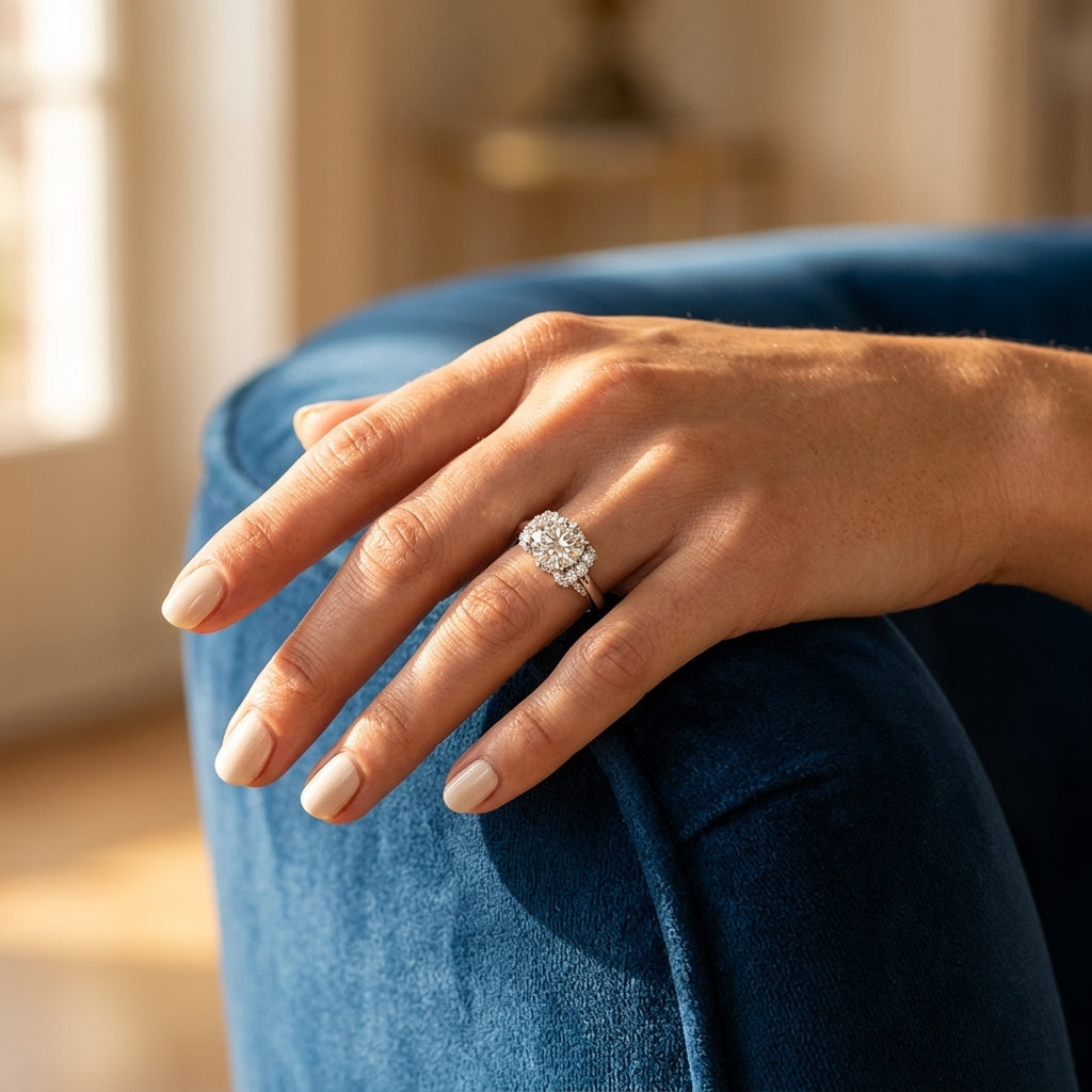 Solitaire Plus Round Engagement Ring - worn lifestyle photo