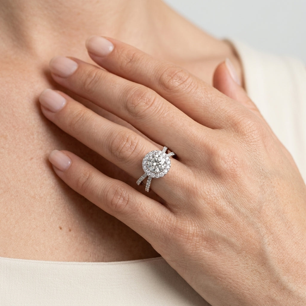 Split Shank Halo Round Engagement Ring - worn lifestyle photo