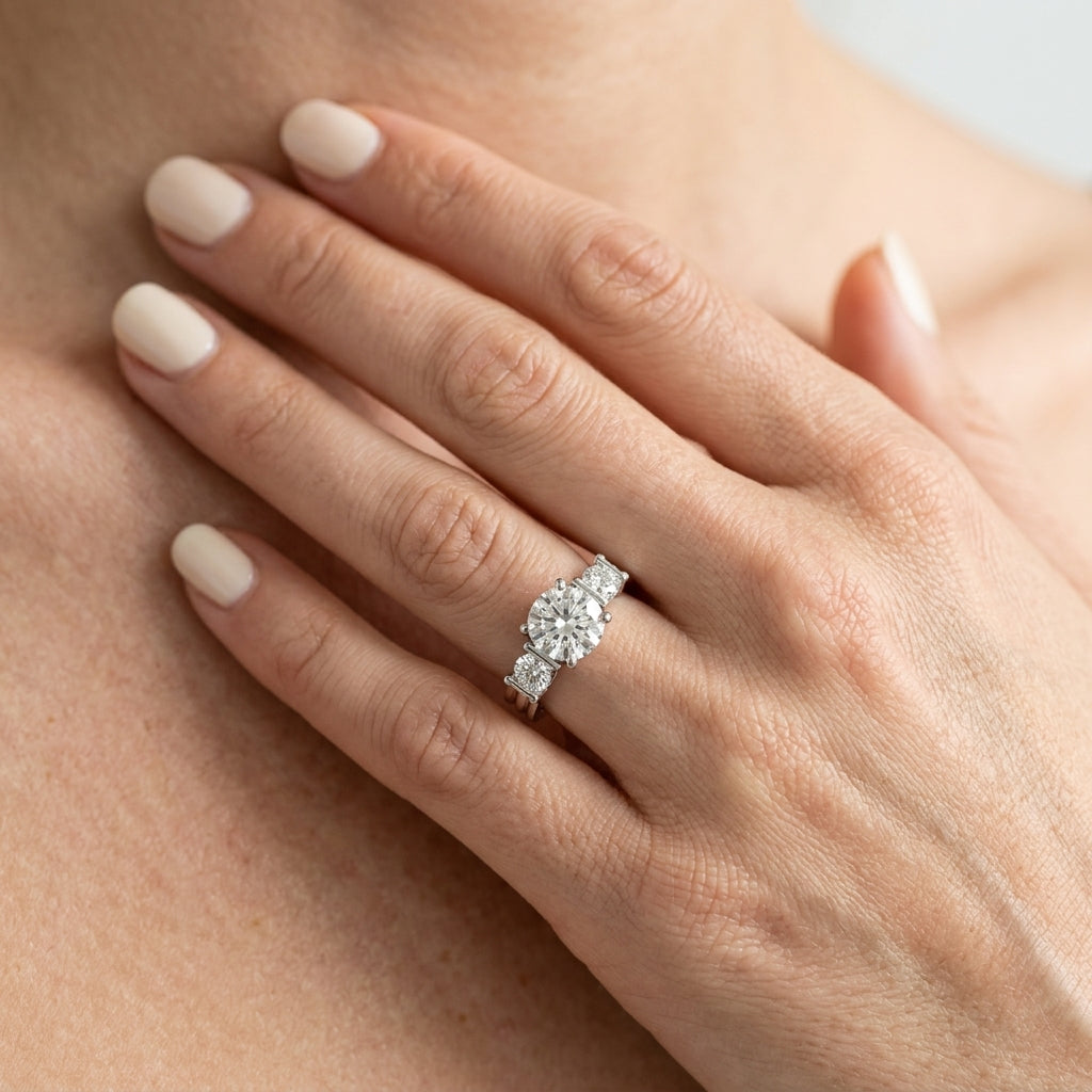 3-Stone Round Engagement Ring - worn lifestyle photo