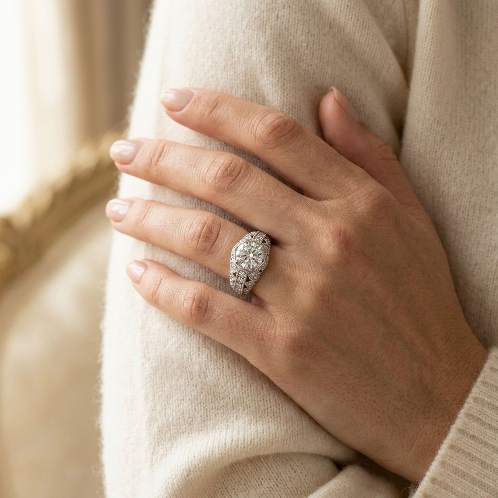 Antique Milgrain Prong Engagement Ring - worn lifestyle photo