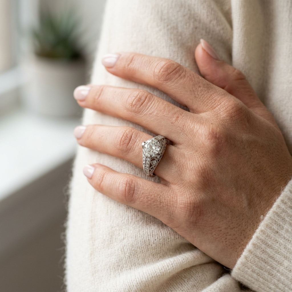 Antique Milgrain Engagement Ring - worn lifestyle photo