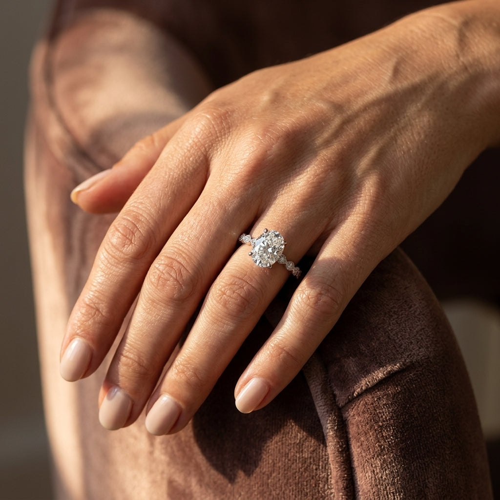 Marquise Shaped Milgrain Engagement Ring - worn lifestyle photo