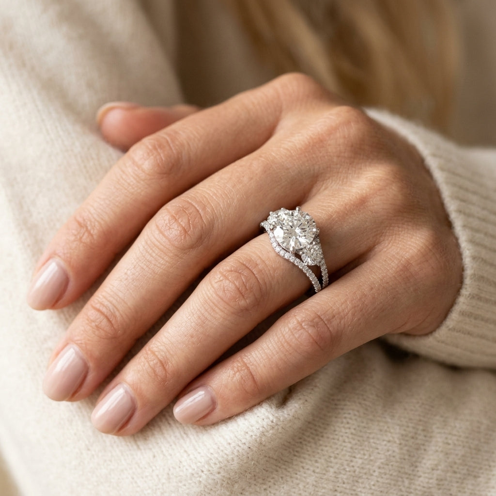3-Stone Double Row Split Shank Engagement Ring - worn lifestyle photo