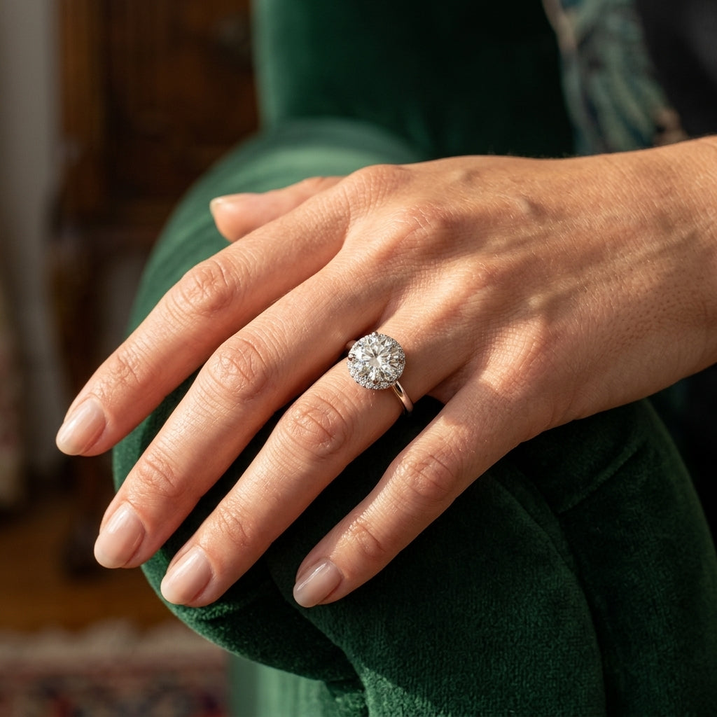 Solitaire Round Halo Engagement Ring - worn lifestyle photo