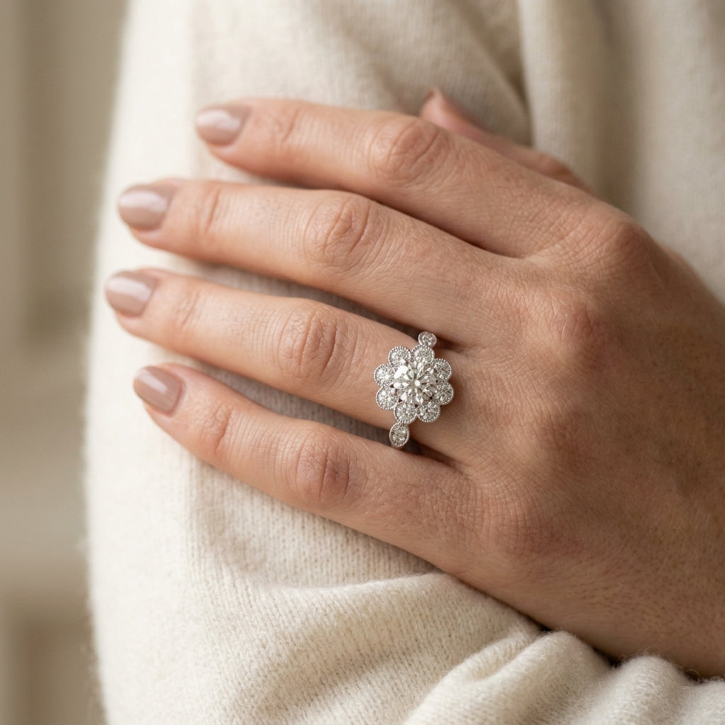 Bezel Set Round Halo Milgrain Engagement Ring - worn lifestyle photo