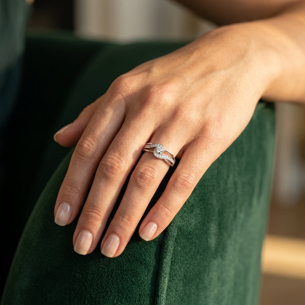 Bypass Swirl Round Cut Engagement Ring - worn lifestyle photo