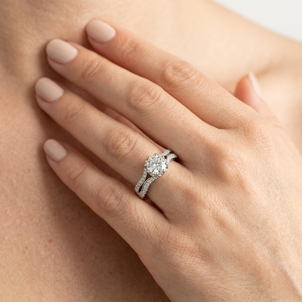 Round Hidden Halo Split Shank Engagement Ring - worn lifestyle photo