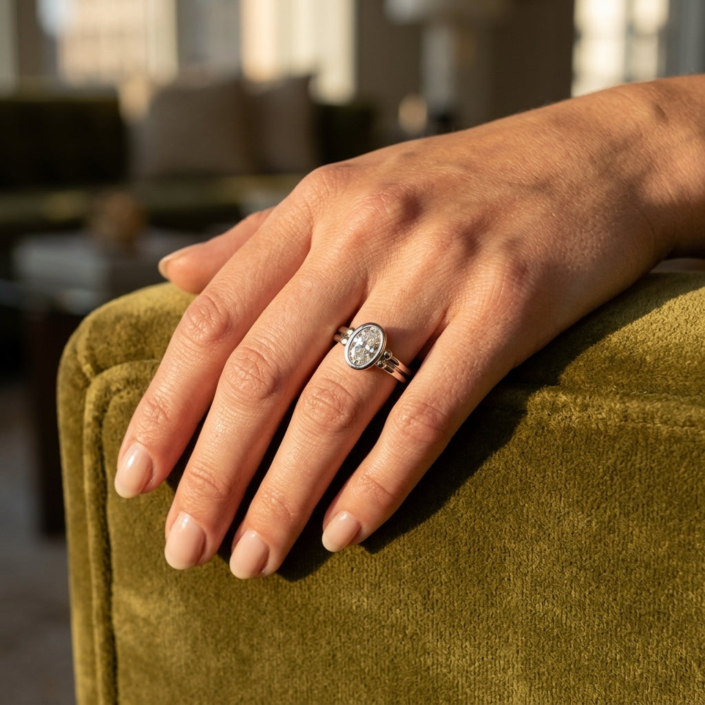Bezel Set Solitaire Engagement Ring - worn lifestyle photo