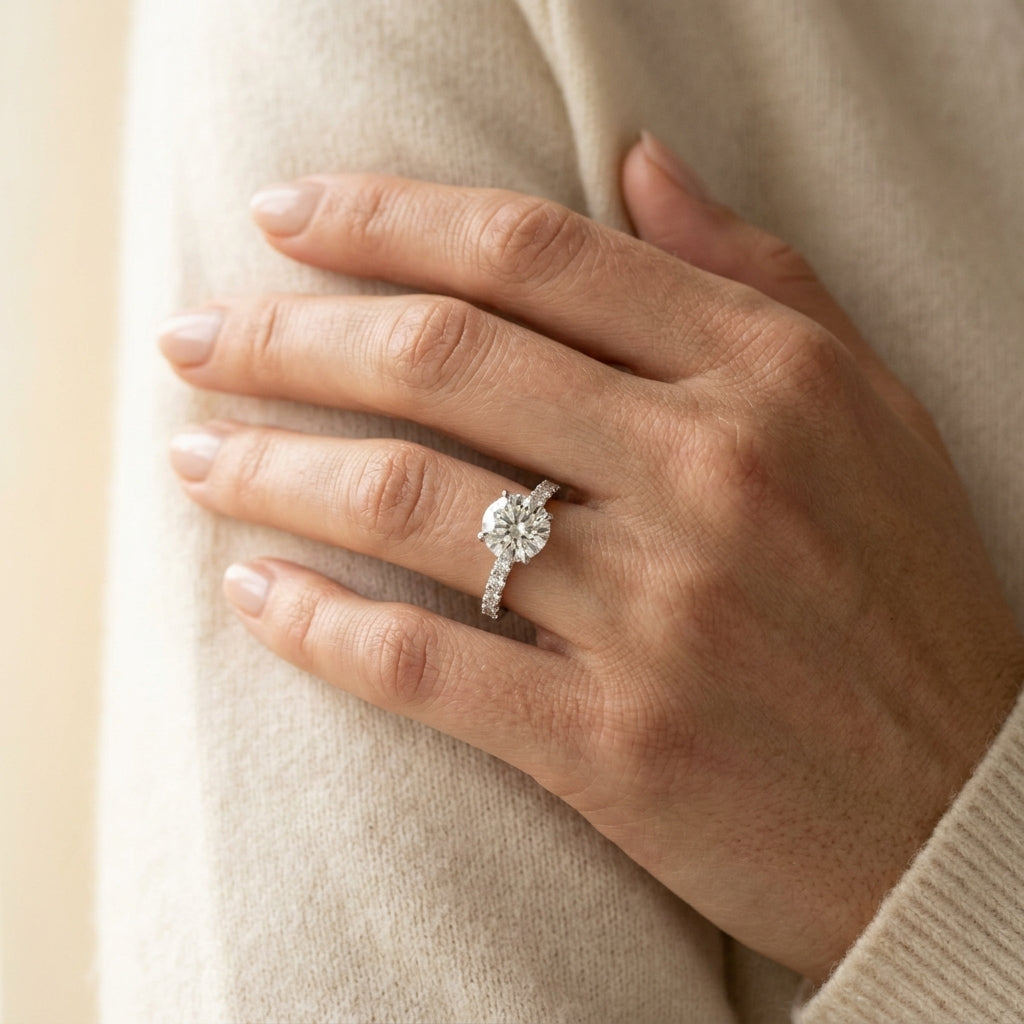 Single Row Prong Set Engagement Ring - worn lifestyle photo