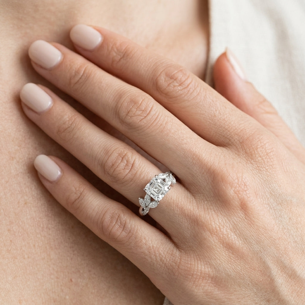 Nature Inspired Twisted Shank Cluster Side Engagement Ring - worn lifestyle photo