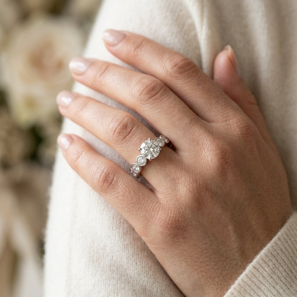 ENGAGEMENT RINGS SINGLE ROW BEZEL - worn lifestyle photo