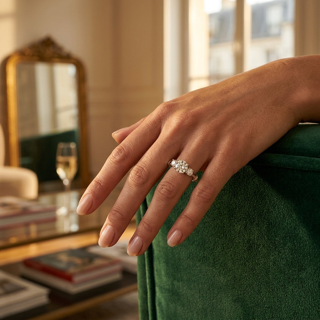 3-Stone Round Engagement Ring - worn lifestyle photo
