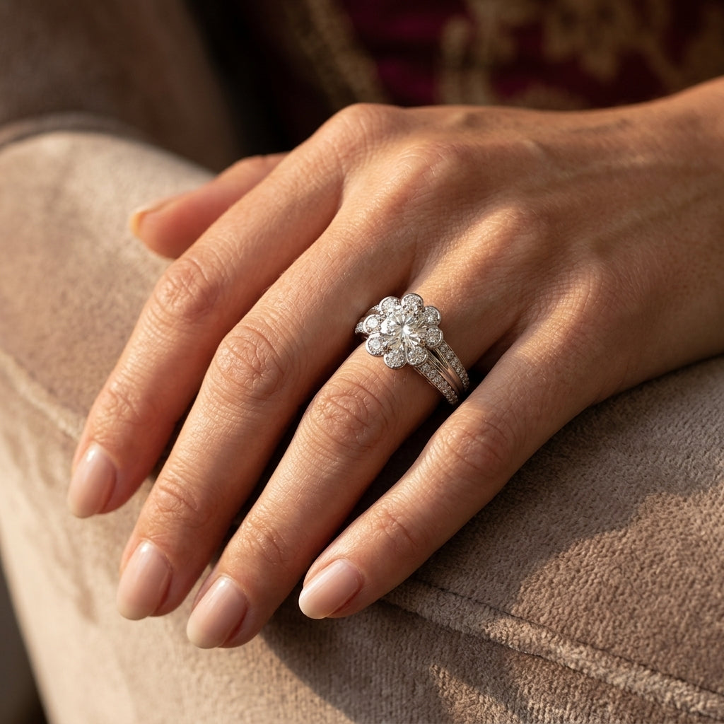 ENGAGEMENT RINGS HALO ROUND - worn lifestyle photo