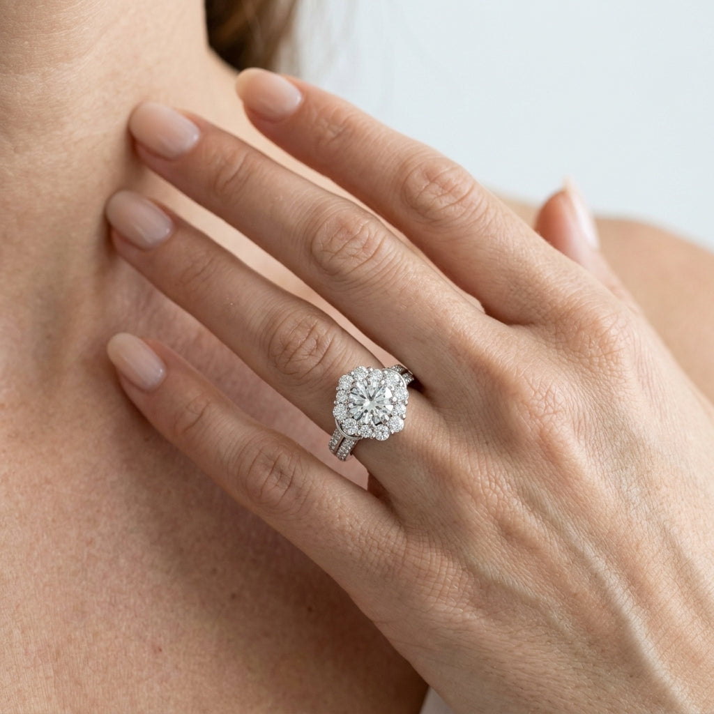 ENGAGEMENT RINGS HALO ROUND - worn lifestyle photo