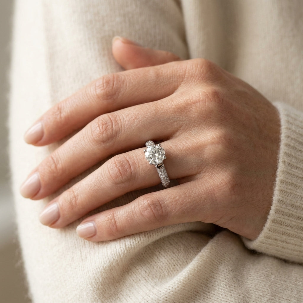 Multirow Pavé Hidden Halo Engagement Ring - worn lifestyle photo
