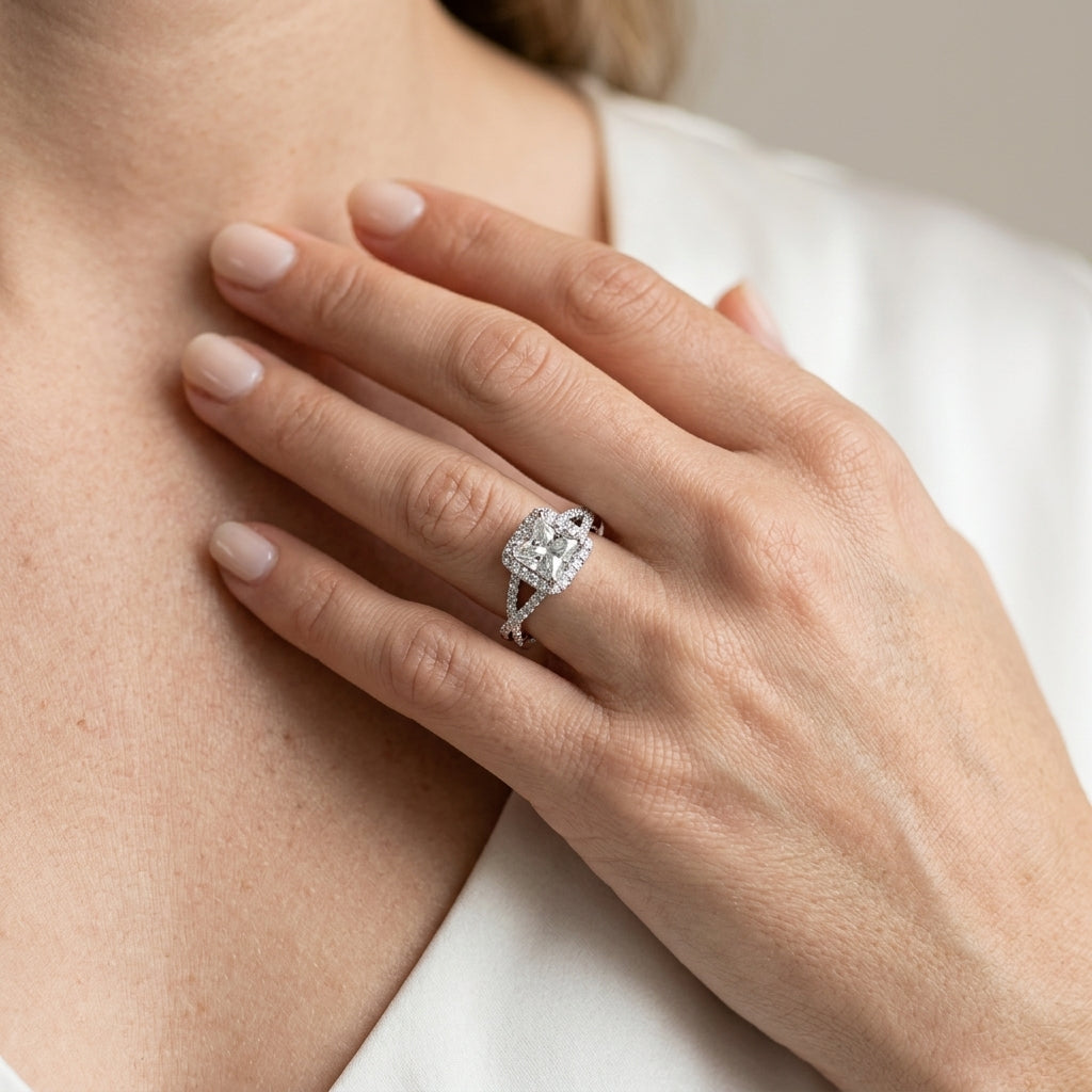 Square Lab Grown Diamond Engagement Ring - Style 51018 - worn lifestyle photo