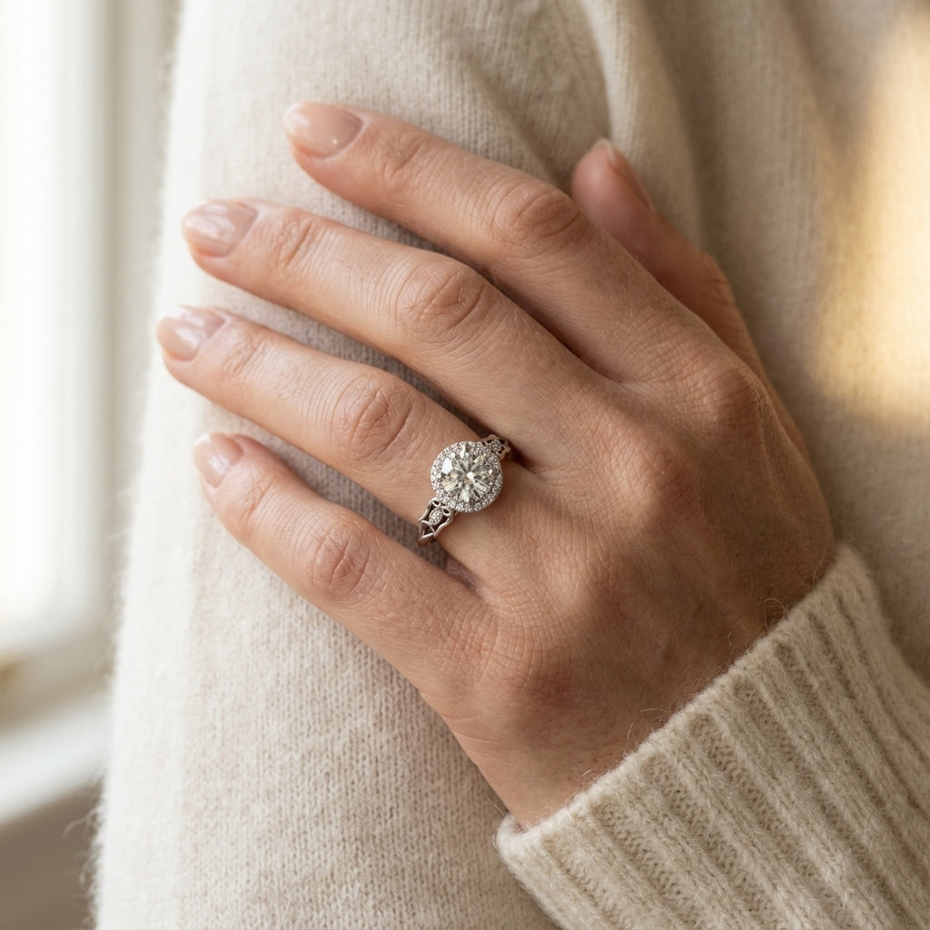 Round Lab Grown Diamond Engagement Ring - Style 51137 - worn lifestyle photo