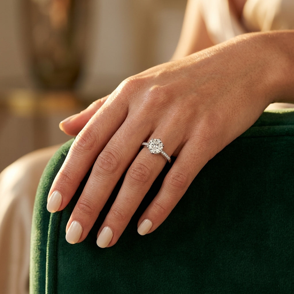 Round Lab Grown Diamond Engagement Ring - Style 51142 - worn lifestyle photo