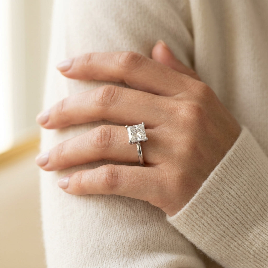 Floral Princess Cut Engagement Ring - worn lifestyle photo