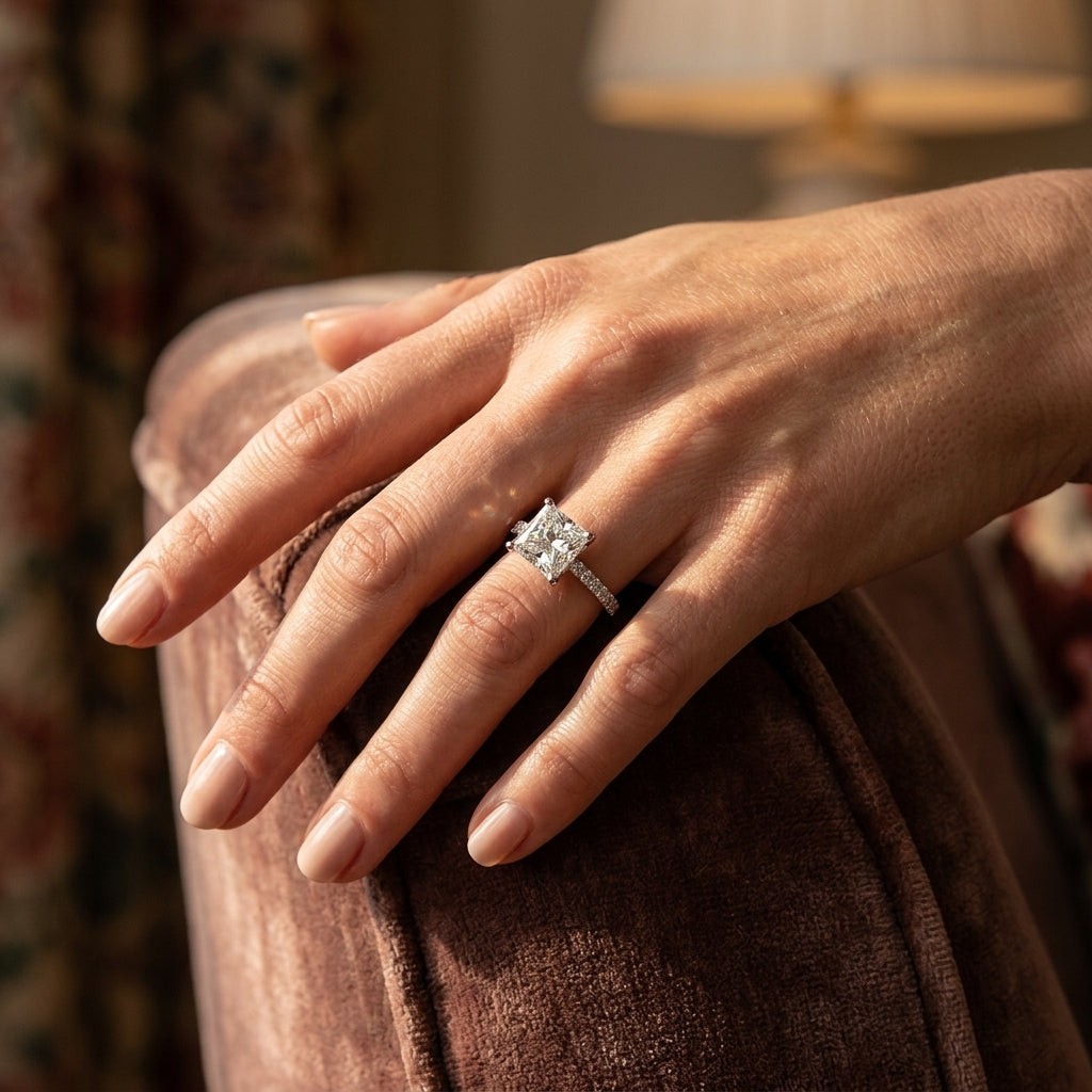 Floral Princess Cut Engagement Ring - worn lifestyle photo