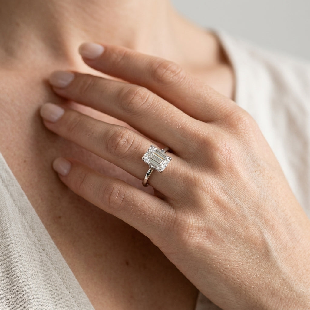 Contemporary Solitaire Plus Hidden Halo Engagement Ring - worn lifestyle photo