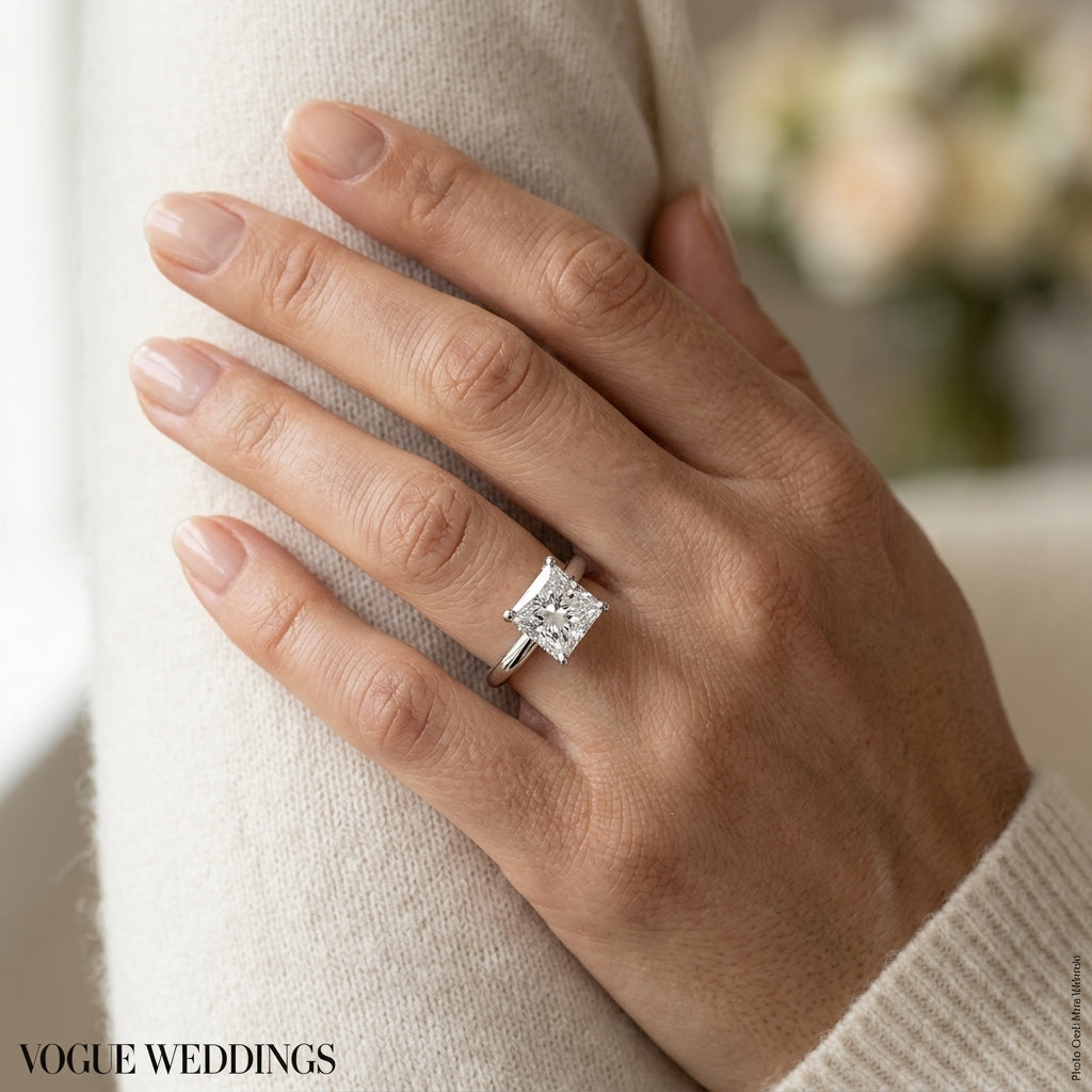 Floral Princess Cut Engagement Ring - worn lifestyle photo