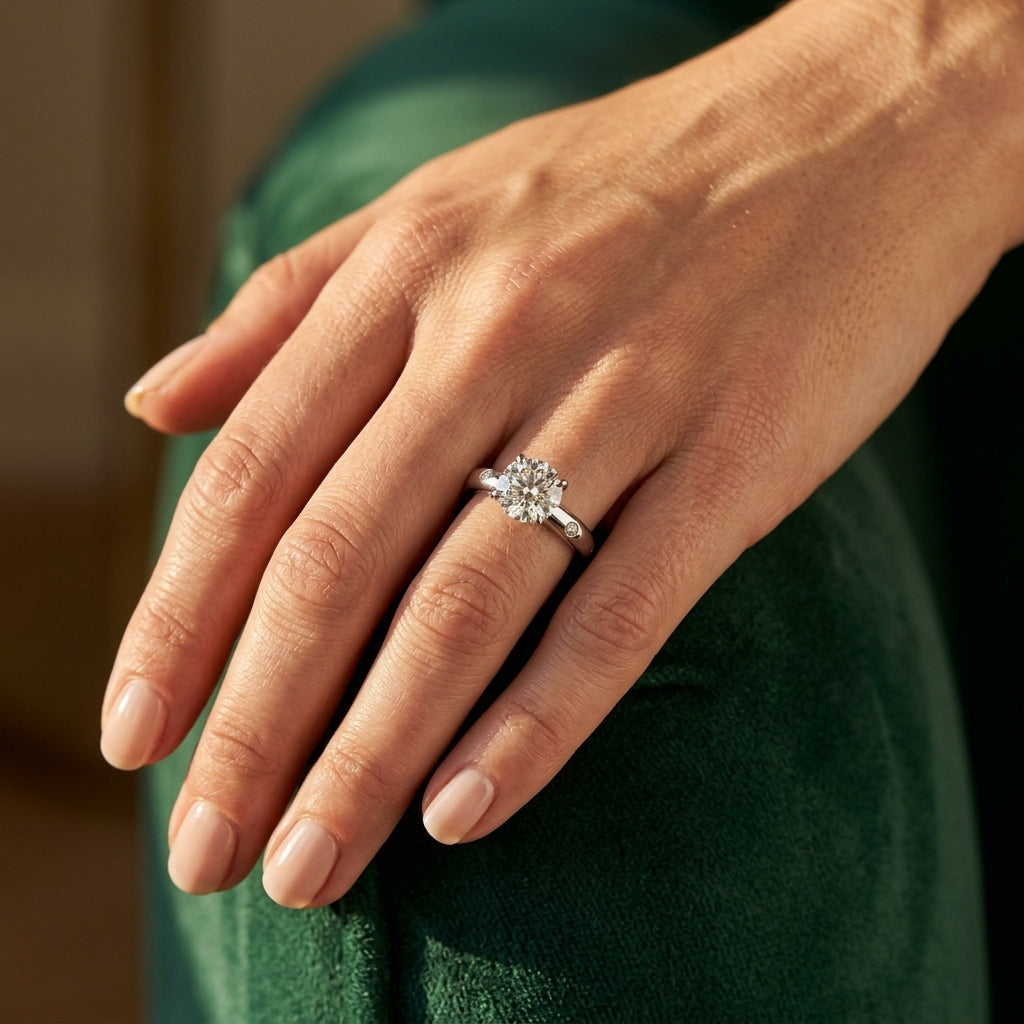 Burnish Set Round Solitaire Engagement Ring - worn lifestyle photo