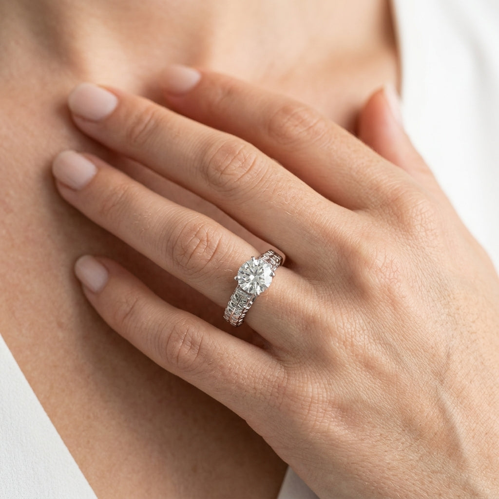 Vintage Filigree Solitaire Engagement Ring - worn lifestyle photo