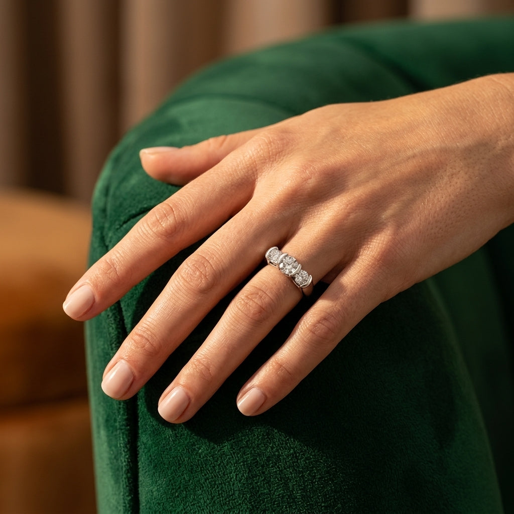 3-Stone Half Bezel Set Engagement Ring - worn lifestyle photo