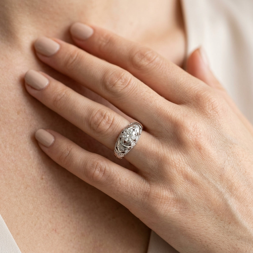 Round Vintage Lab Grown Diamond Engagement Ring - Style 82622 - worn lifestyle photo