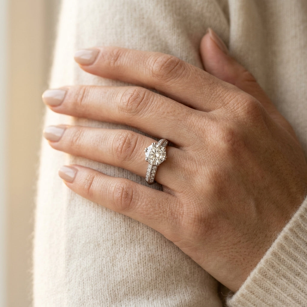 Round Pavé Lab Grown Diamond Engagement Ring - Style 82782 - worn lifestyle photo
