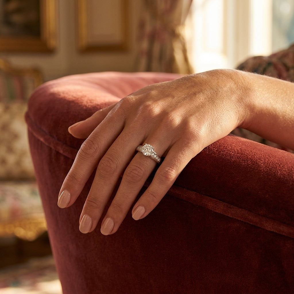 Round Trellis Lab Grown Diamond Engagement Ring - Style 82878 - worn lifestyle photo