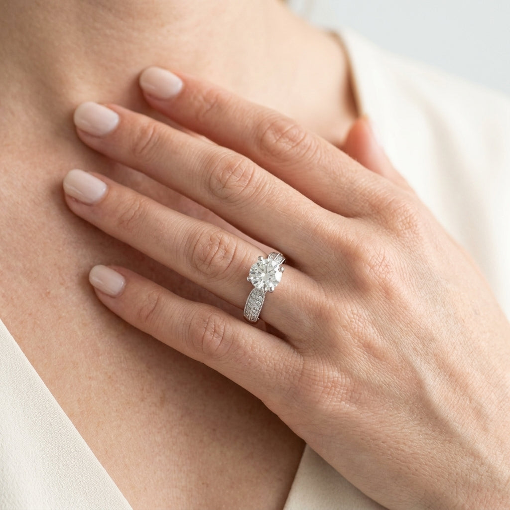 Round Trellis Lab Grown Diamond Engagement Ring - Style 82890 - worn lifestyle photo