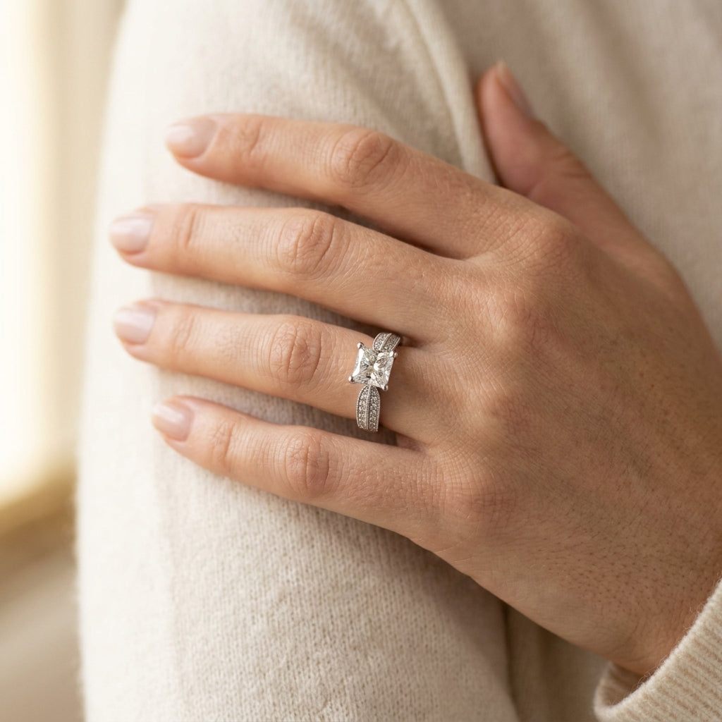 Square Trellis Lab Grown Diamond Engagement Ring - Style 82891 - worn lifestyle photo