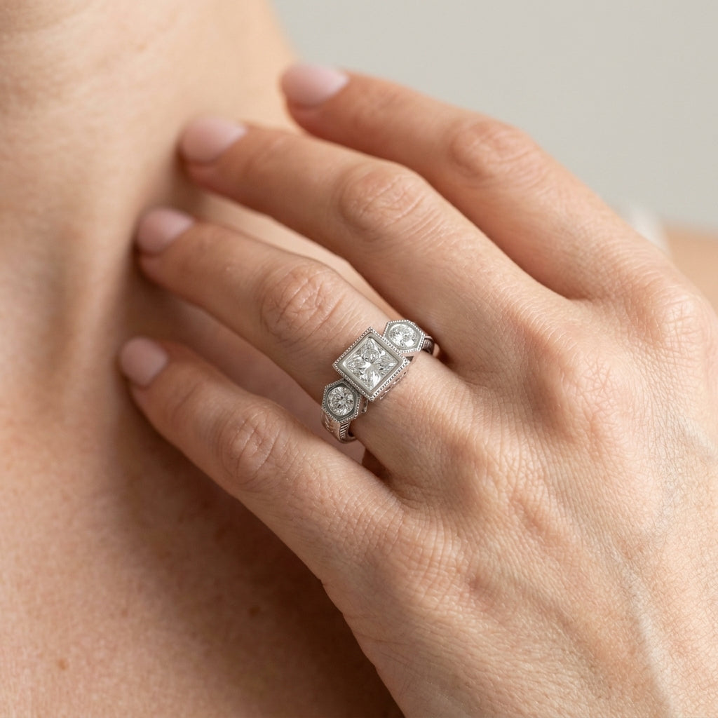 ENGAGEMENT RINGS 3 STONE PRINCESS - worn lifestyle photo