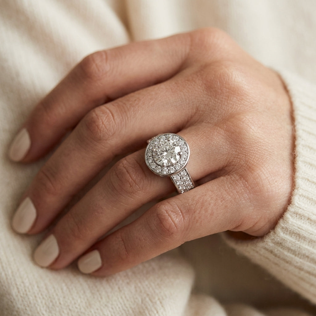 Double Row Bezel Halo Engagement Ring - worn lifestyle photo