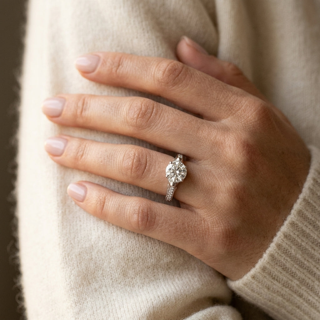 Round Vintage Lab Grown Diamond Engagement Ring - Style 83868 - worn lifestyle photo
